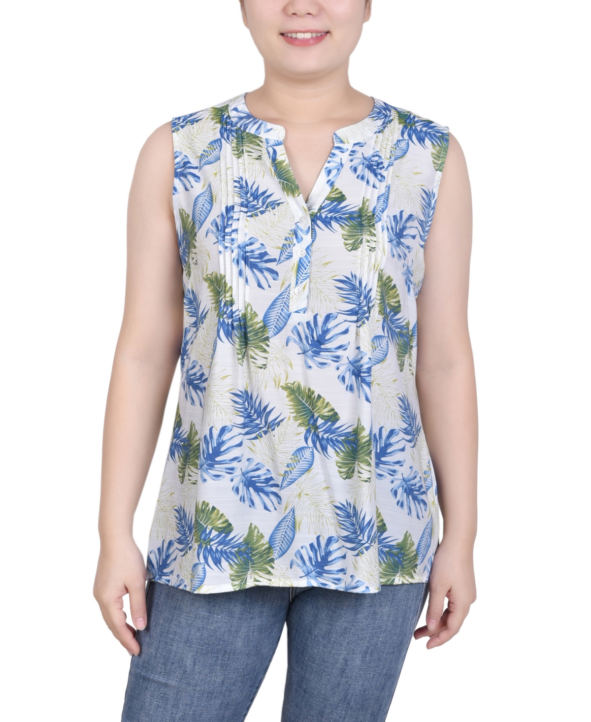 Ny Collection Petite Sleeveless Pintucked Blouse In Ivory Tropical Leaves