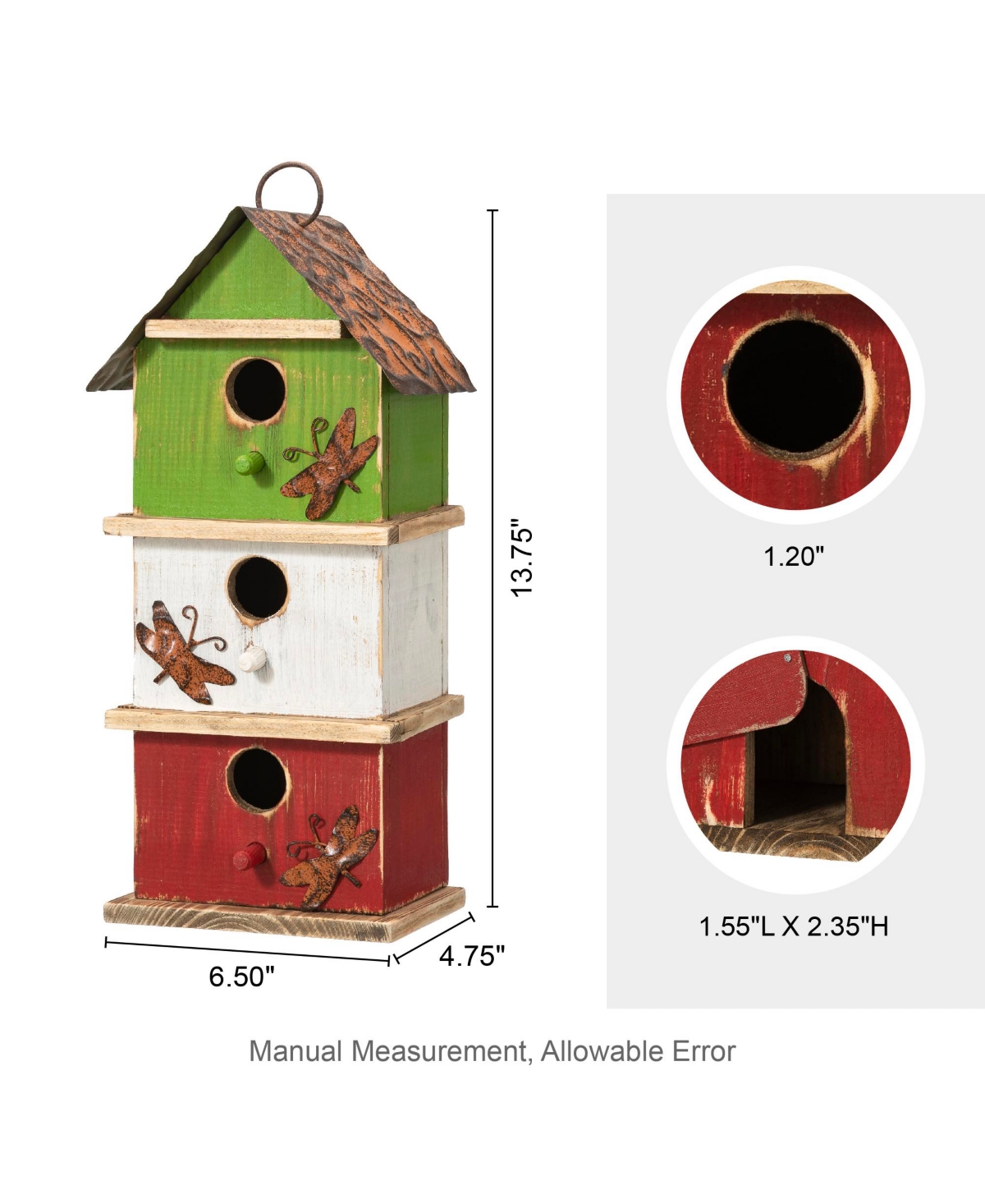 Glitzhome 13.75" H Three-Tiered Distressed Solid Wood Birdhouse