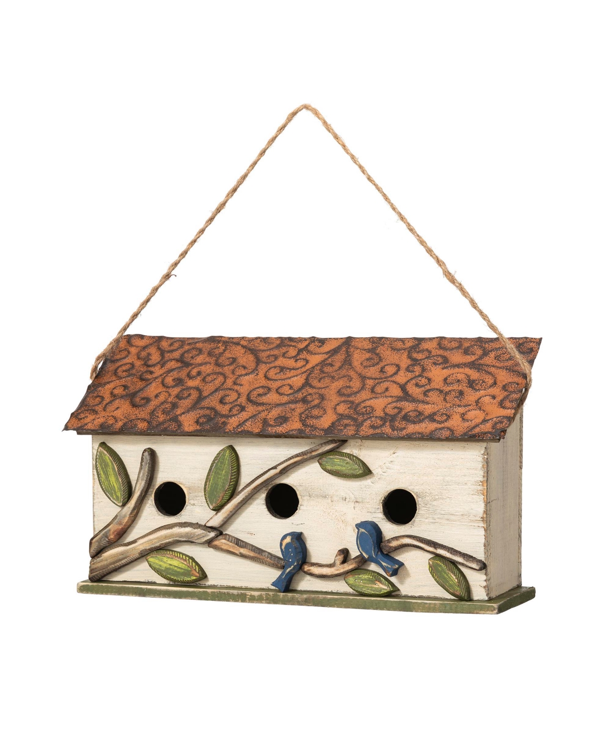 Glitzhome 15.75" L Oversized Washed Distressed Solid Wood Cottage Birdhouse With 3d Tree And Bird In White