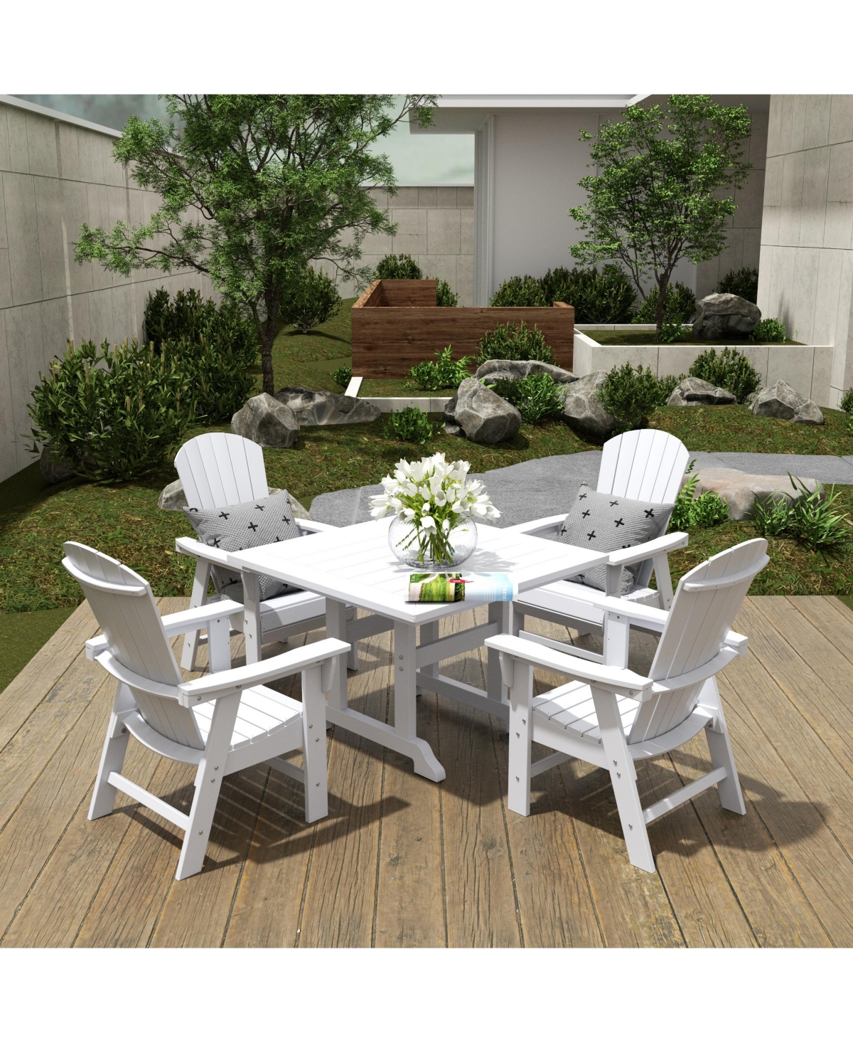 WestinTrends 5 Piece Outdoor Patio Dining Square Table and Shell Back Armchair Set