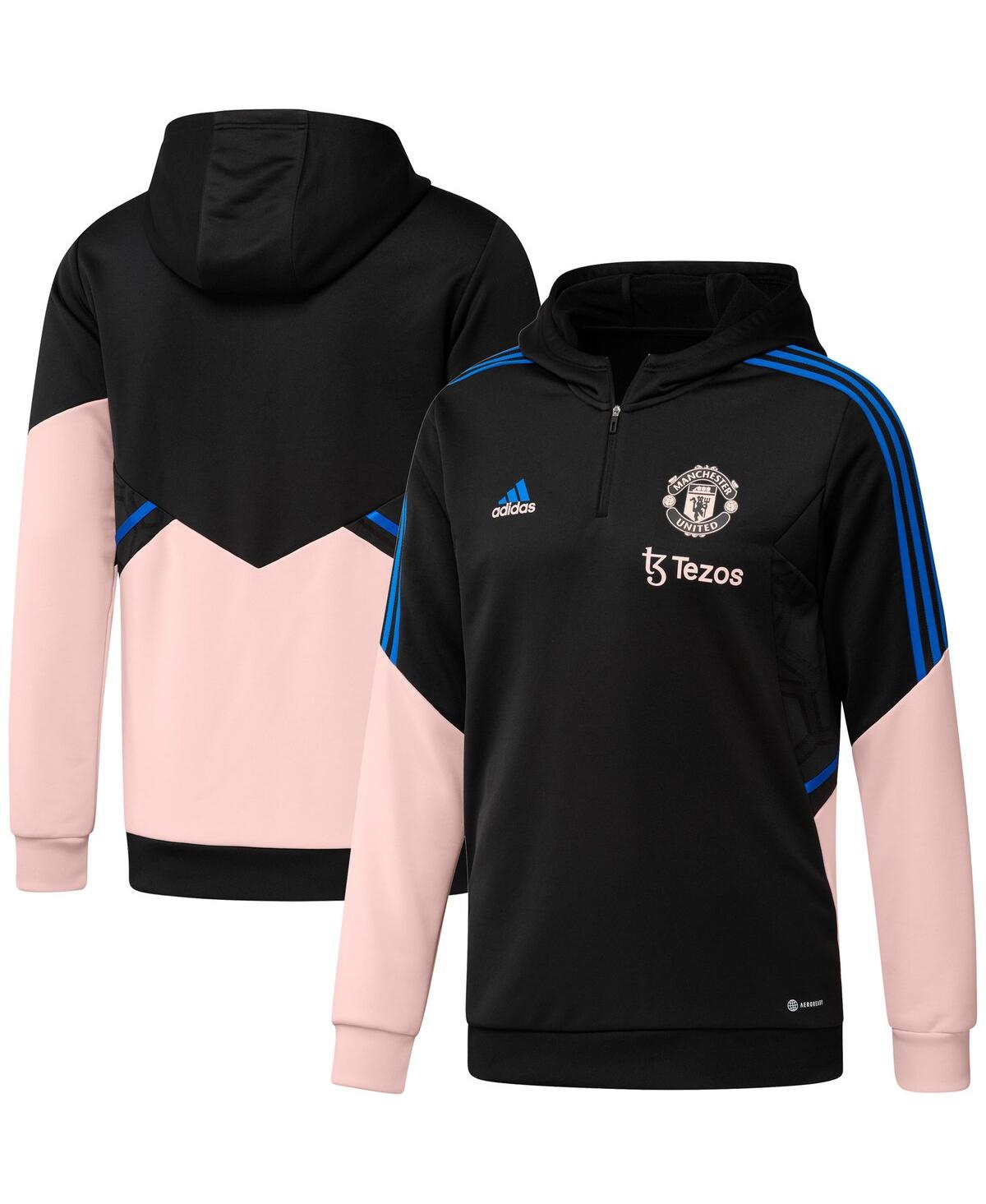 Shop Adidas Originals Men's Adidas Black, Pink Manchester United Training Aeroready Quarter-zip Hoodie In Black,pink