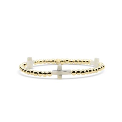 4mm Gold Filled Ball and Mother Of Pearl Cross Stretch Bracelet