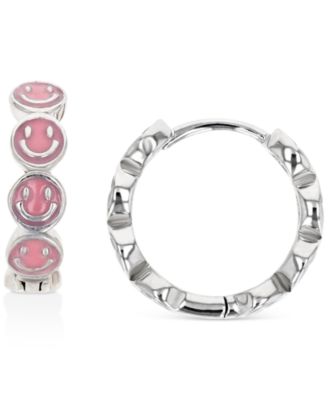 Enamel Smiley Face Hoop Earrings in Sterling Silver or 14k Gold over Sterling Silver, 1/2"