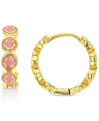 Enamel Smiley Face Hoop Earrings in Sterling Silver or 14k Gold over Sterling Silver, 1/2"