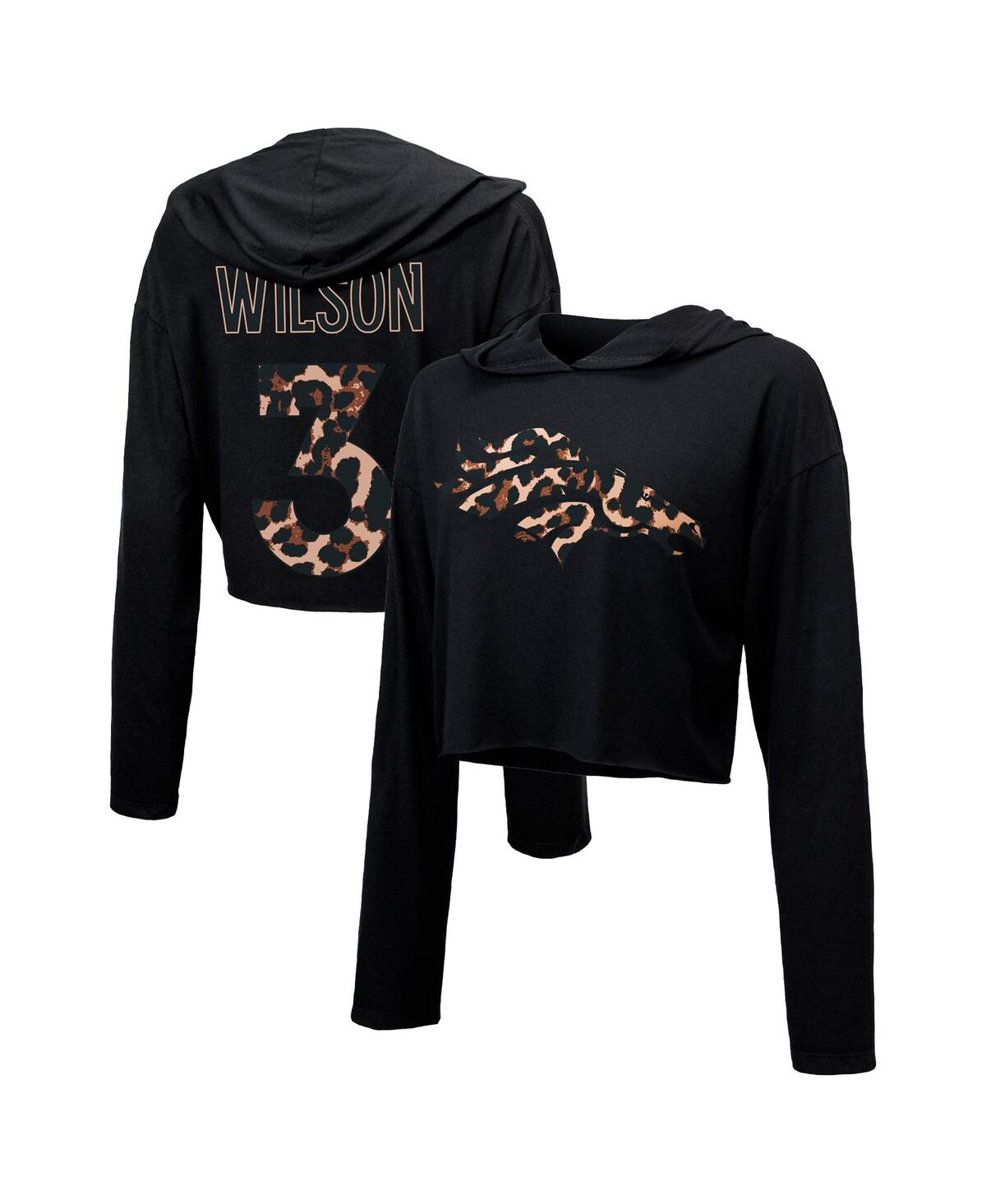 Women's Majestic Threads Russell Wilson Black Denver Broncos Leopard Player Name and Number Long Sleeve Cropped Hoodie - Black