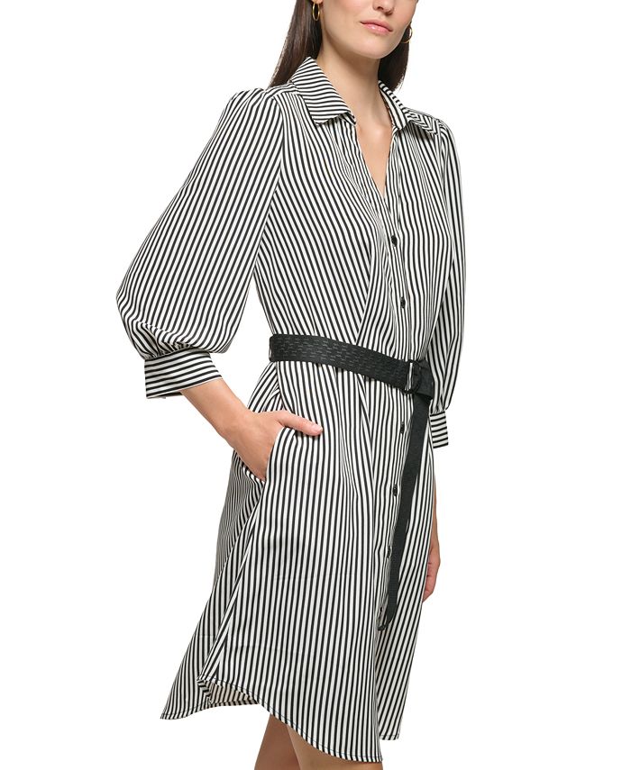KARL LAGERFELD PARIS Women's Striped 3/4-Sleeve Belted Shirtdress ...