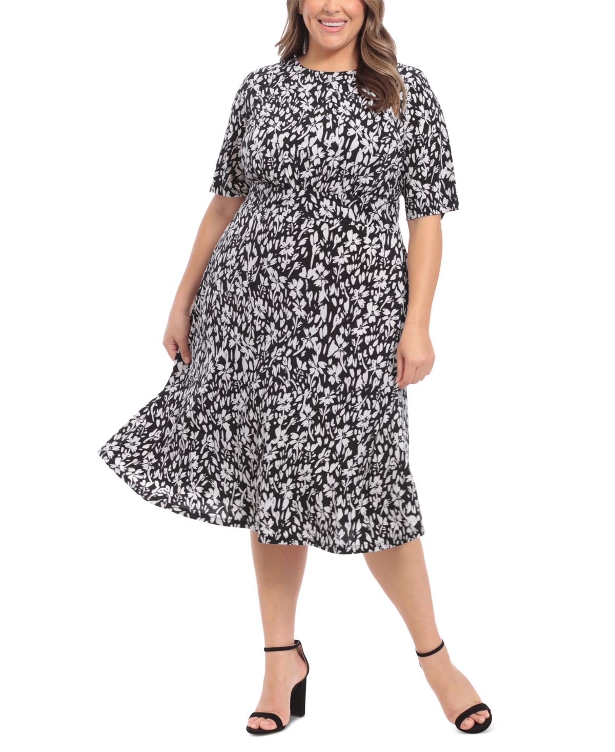 Plus Size Floral-Print Short-Sleeve Midi Dress - Black/White