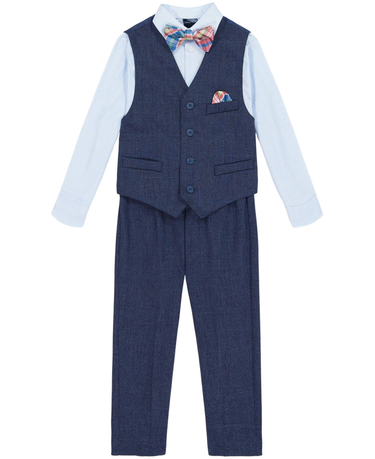 Nautica Toddler Boys Machine Washable Striated Twill Vest, Pant, Shirt, Bowtie And Pocket Square Set In Dark Blue