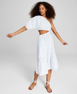 And Now This - Women's Striped One-Shoulder Cutout Cotton Fit & Flare Dress
