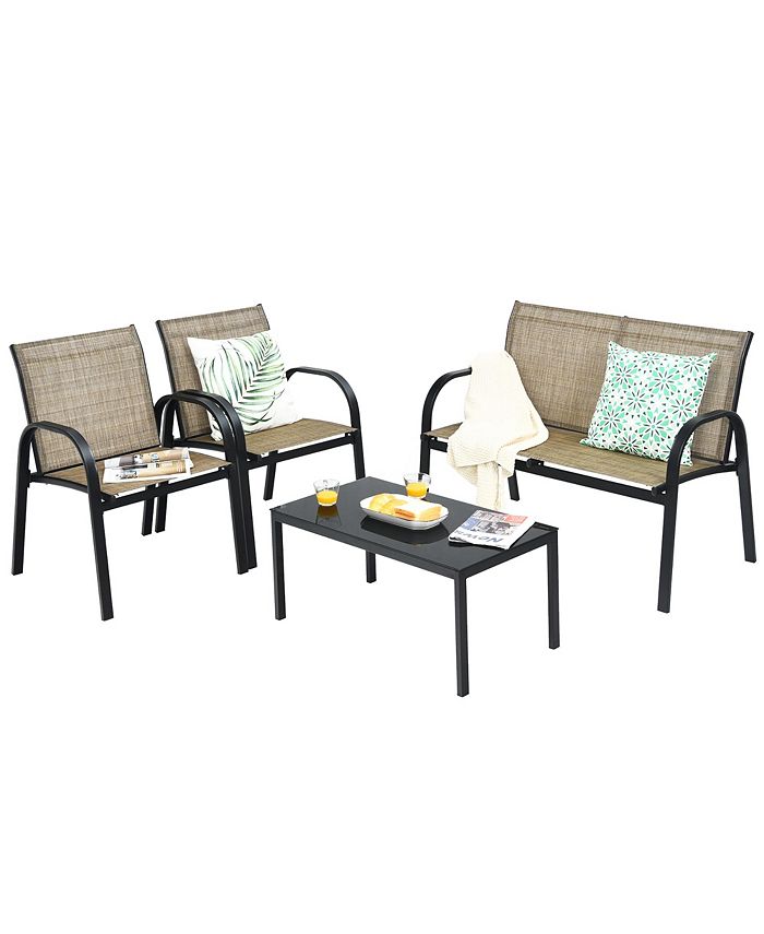 Costway 4 PCS Patio Furniture Set Sofa Coffee Table Steel Frame Garden