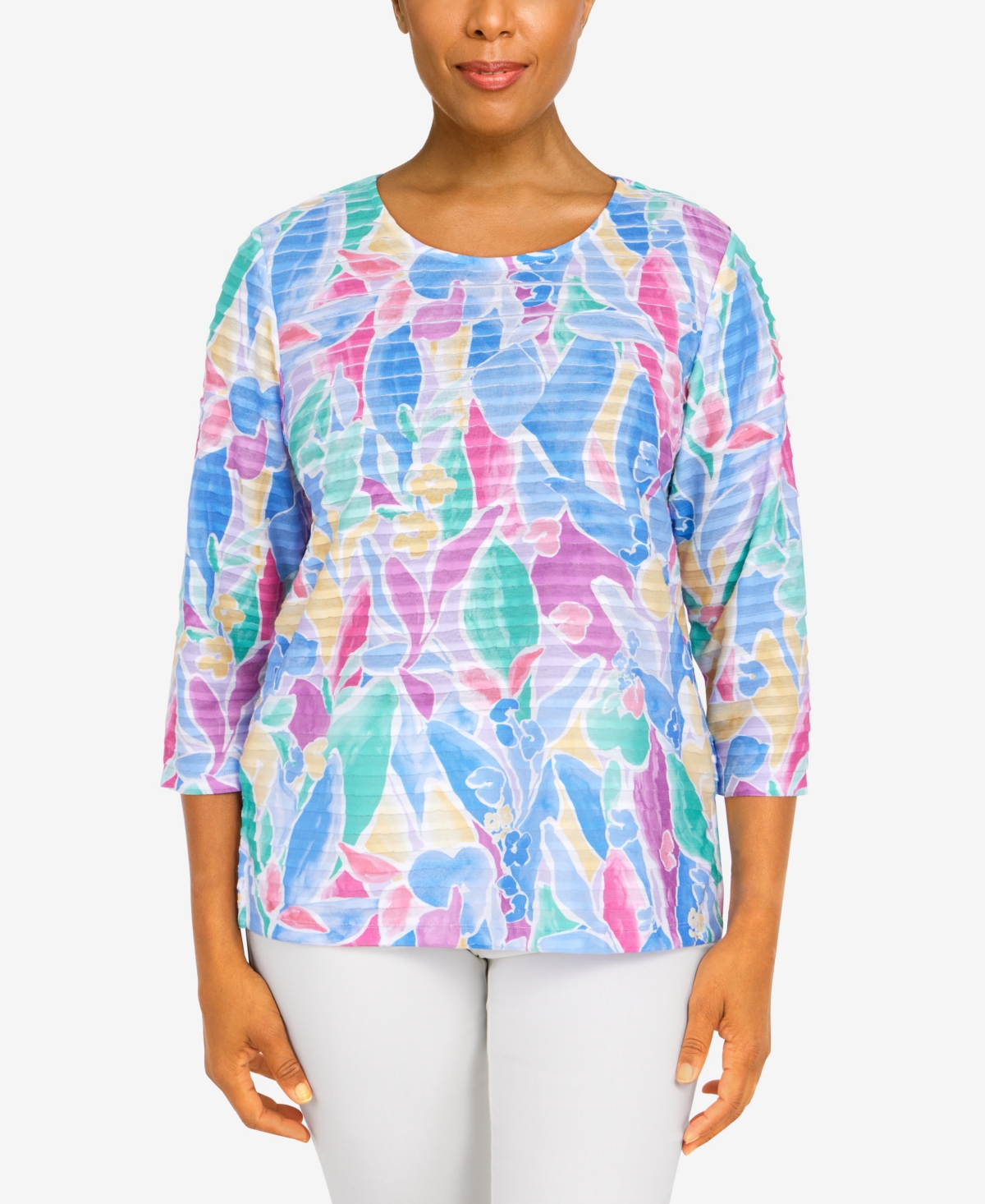 Alfred Dunner Plus Size Classic Stained Glass Floral 3/4 Sleeve Top In Bright