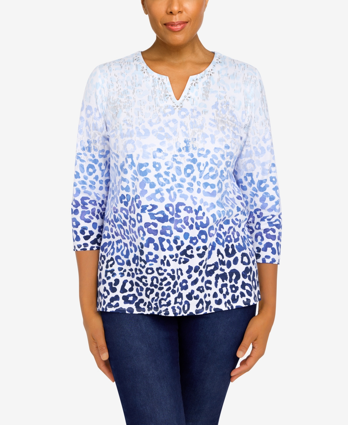 ALFRED DUNNER PETITE CLASSICS SPLIT NECK ANIMAL OMBRE TOP