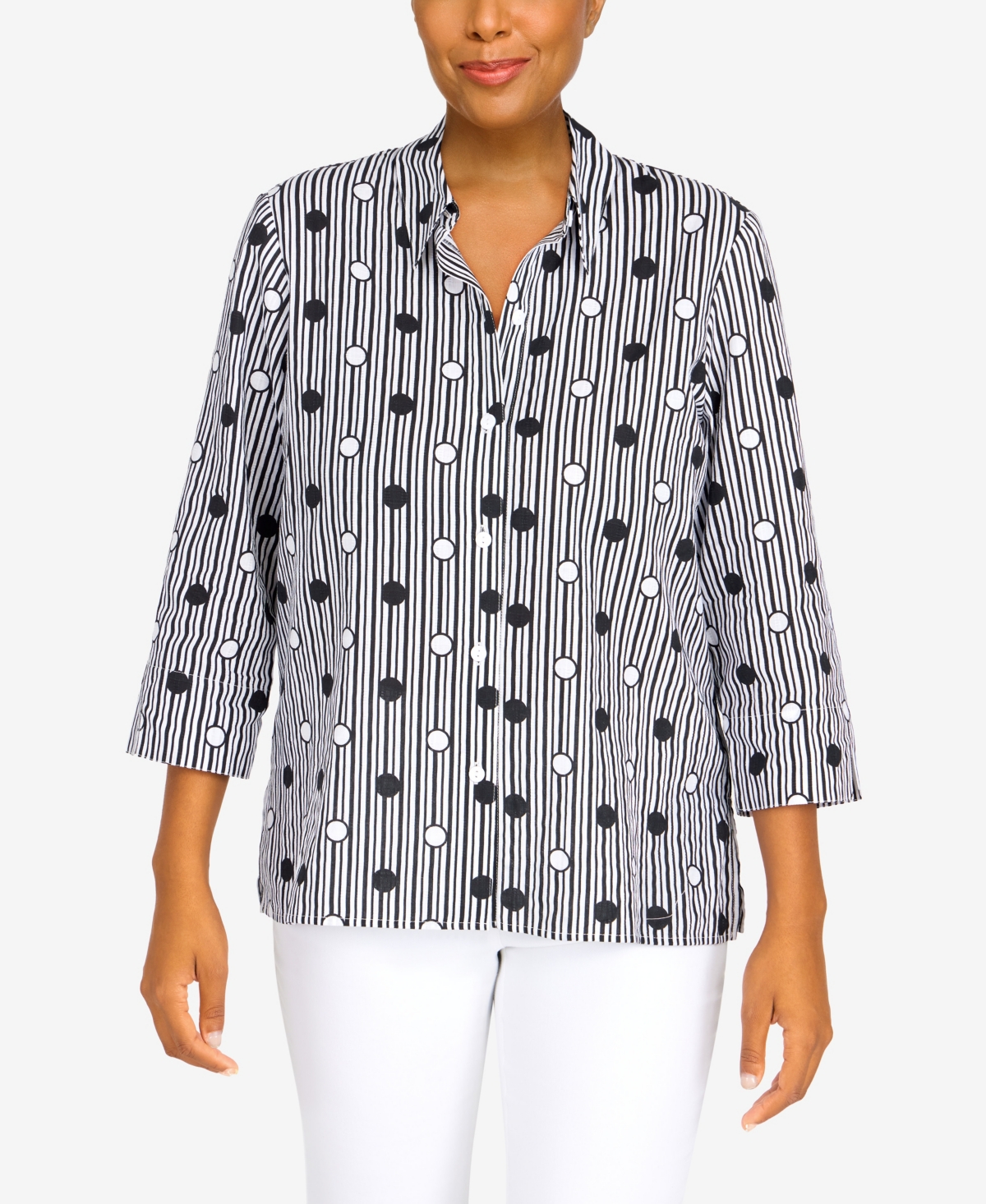 ALFRED DUNNER PETITE CLASSICS DOT STRIPE 3/4 SLEEVE BUTTON DOWN TOP