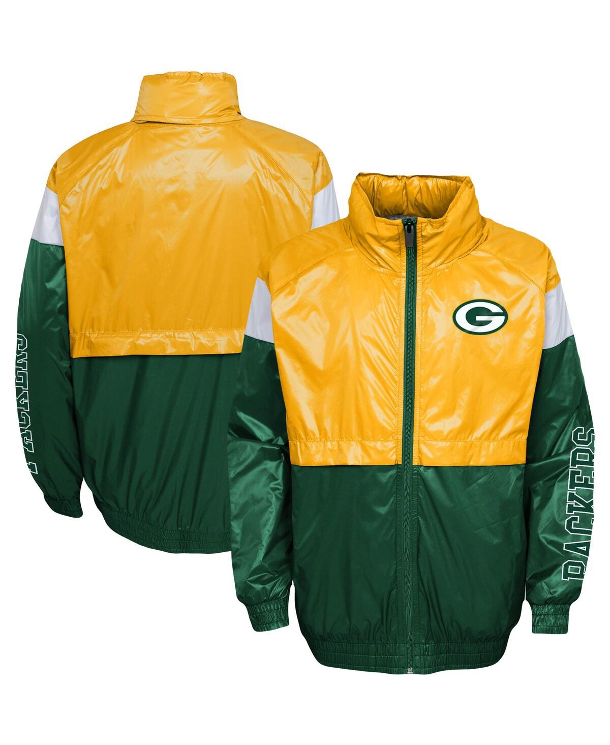 Outerstuff Kids' Big Boys And Girls Gold, Green Green Bay Packers Goal Line Stance Full-zip Hoodie Windbreaker In Gold,green