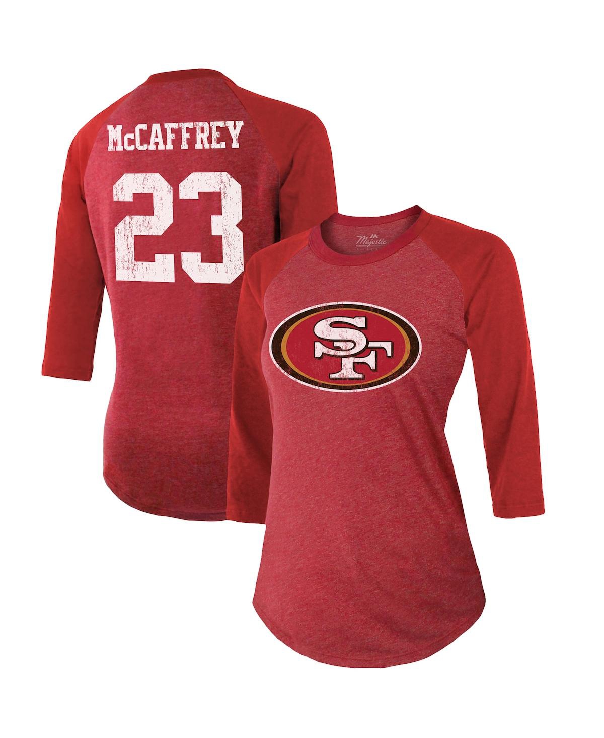 Women's Majestic Threads Christian McCaffrey Scarlet San Francisco 49ers Name and Number Tri-Blend Raglan 3/4 Sleeve T-shirt - Scarlet