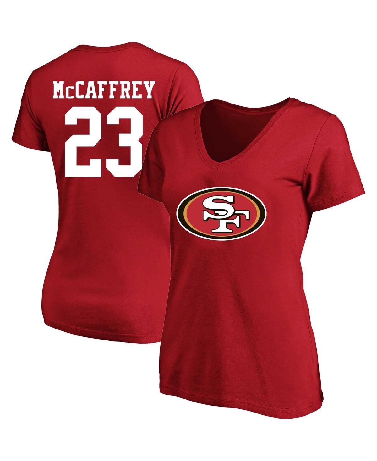 Fanatics Women's Christian Mccaffrey Scarlet San Francisco 49ers Plus Size Sleeve Stripe Name Number T-shirt In Scarlet