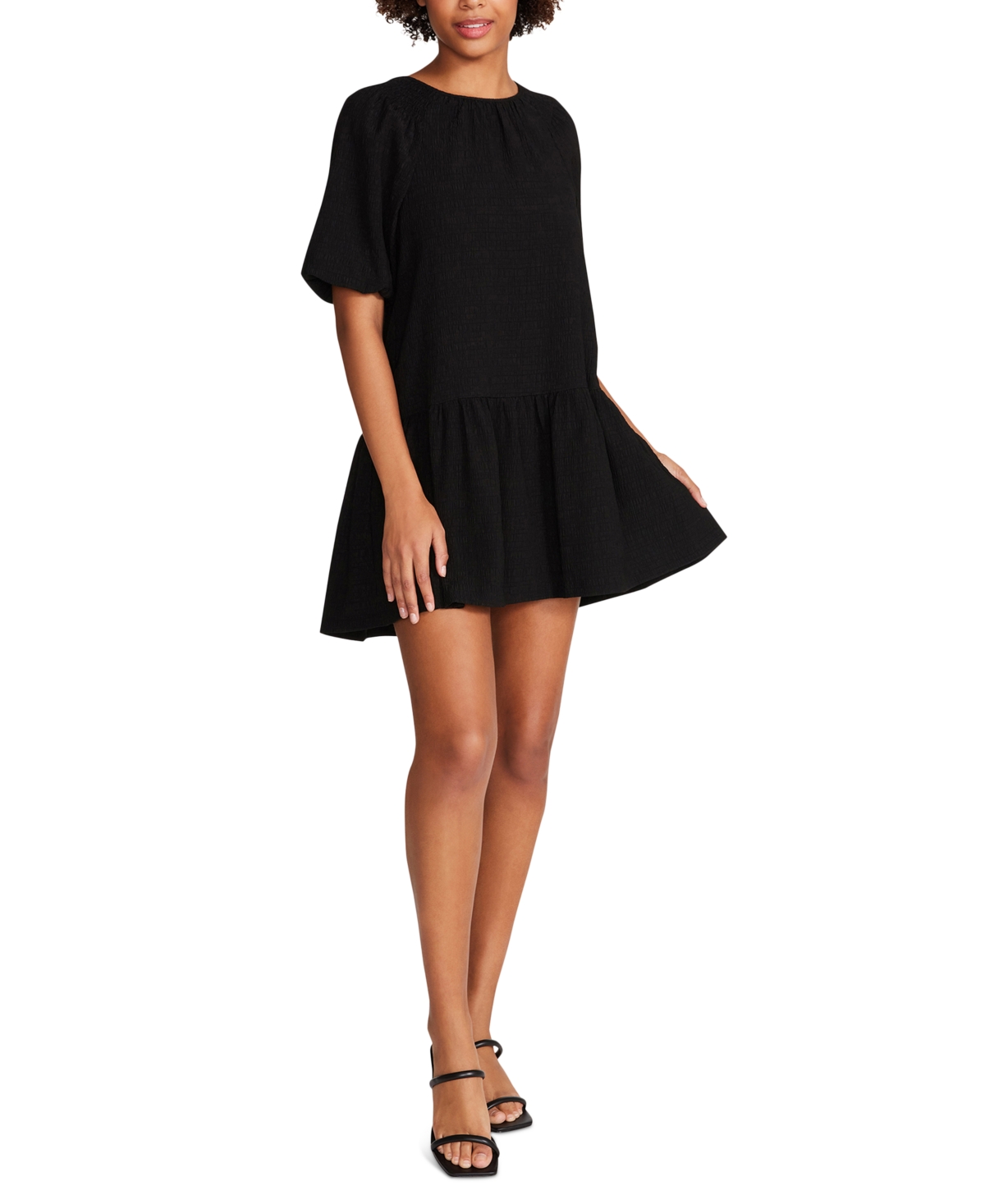 Shop Steve Madden Women's Abrah Textured Puff-sleeve A-line Dress In Black