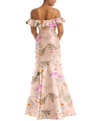 Women's Off-the-Shoulder Ruffle Neck Floral Satin Trumpet Gown