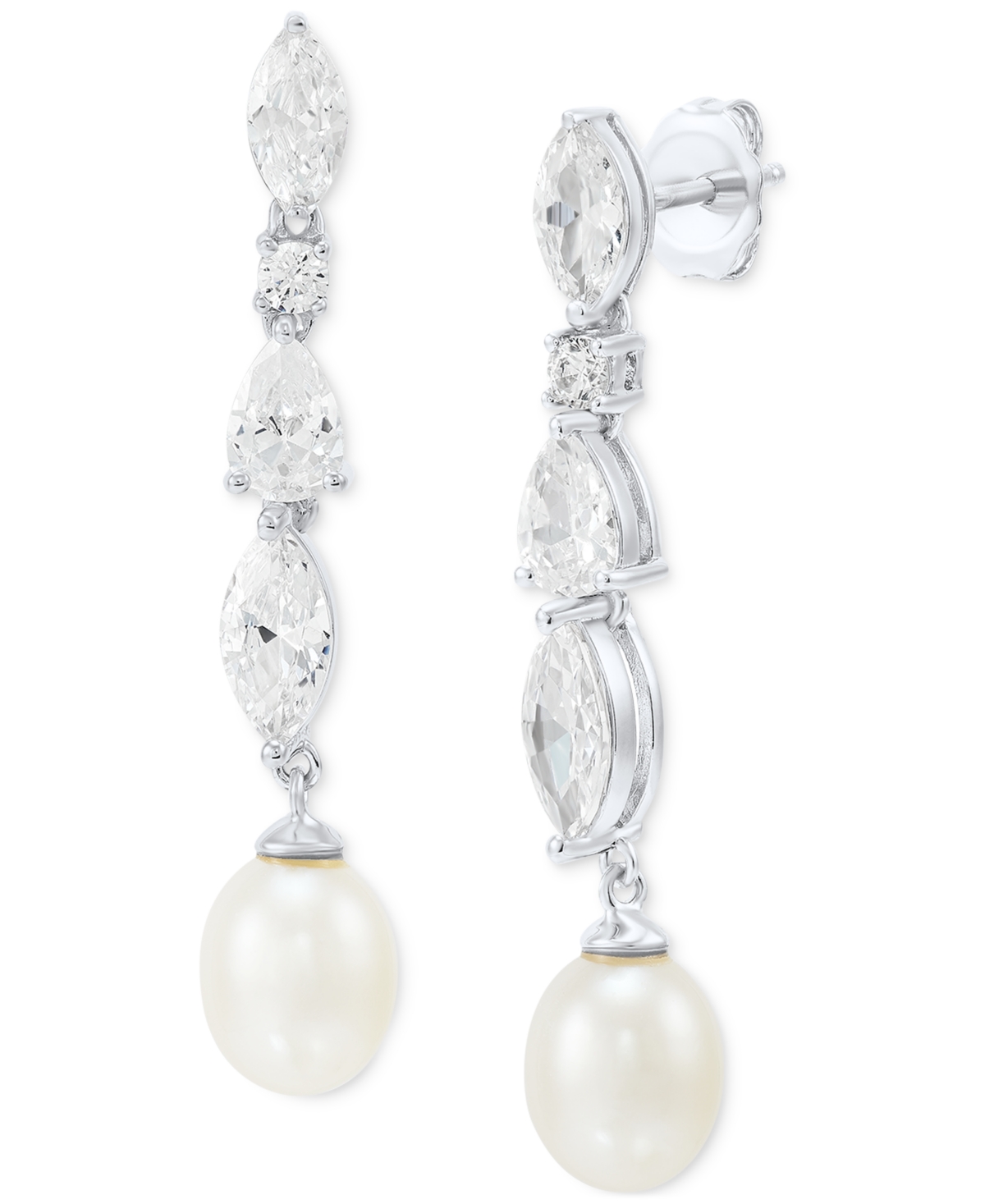 Cultured Freshwater Pearl (9 x 7mm) & Cubic Zirconia Drop Earrings in Sterling Silver, Created for Macy's - Silver