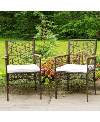 2pcs PE Wicker Patio Bistro Chairs Acacia Wood Armrests