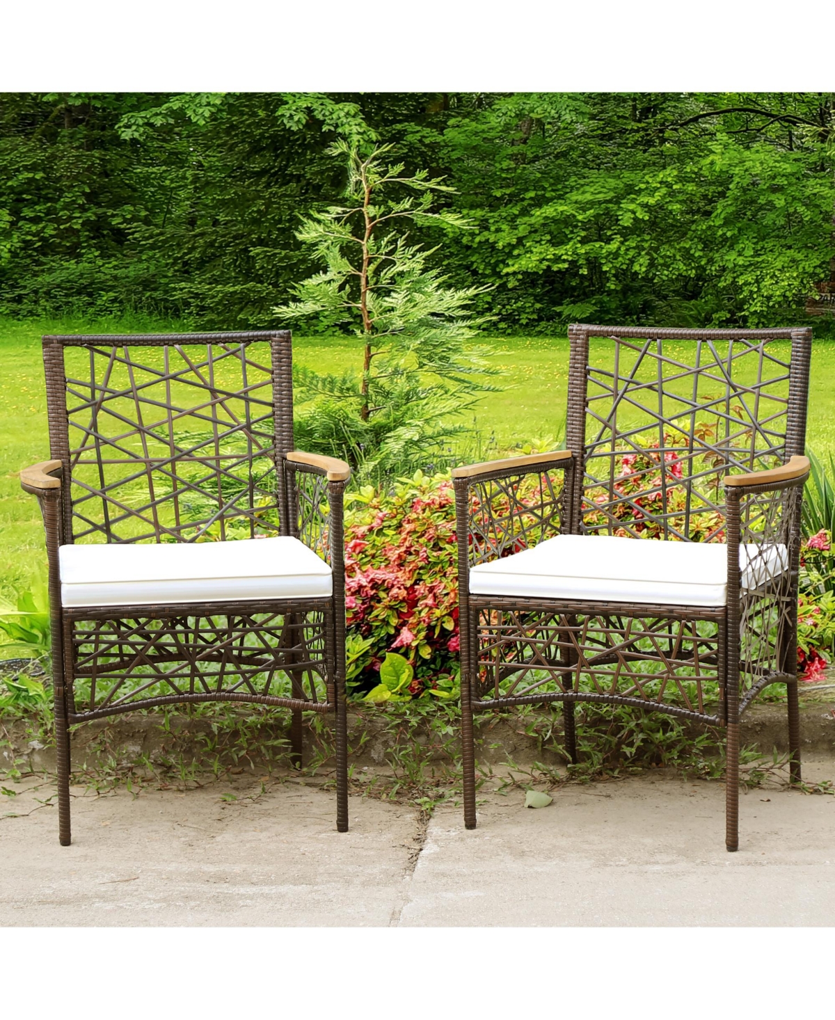 Costway 2pcs Pe Wicker Patio Bistro Chairs Acacia Wood Armrests