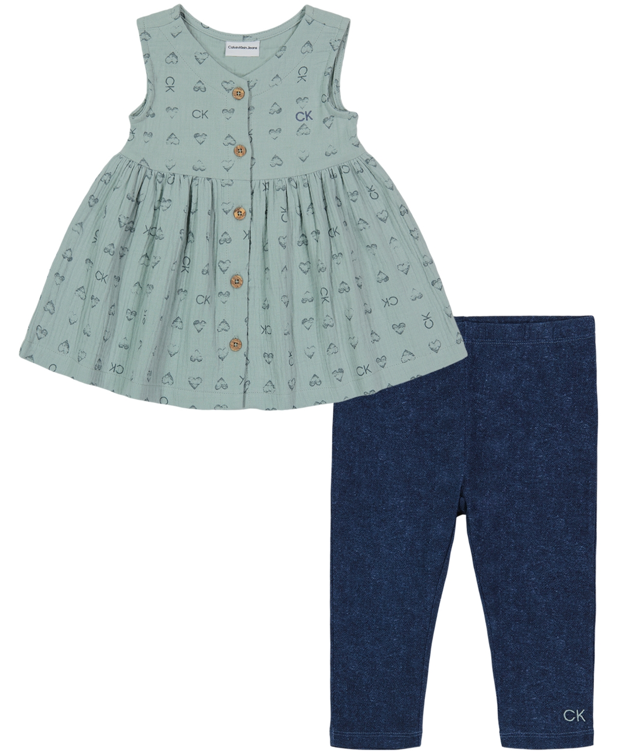 Calvin Klein Toddler Girls Printed Muslin Button Front Tunic And Capri Jeggings 2 Piece Set In Green ModeSens