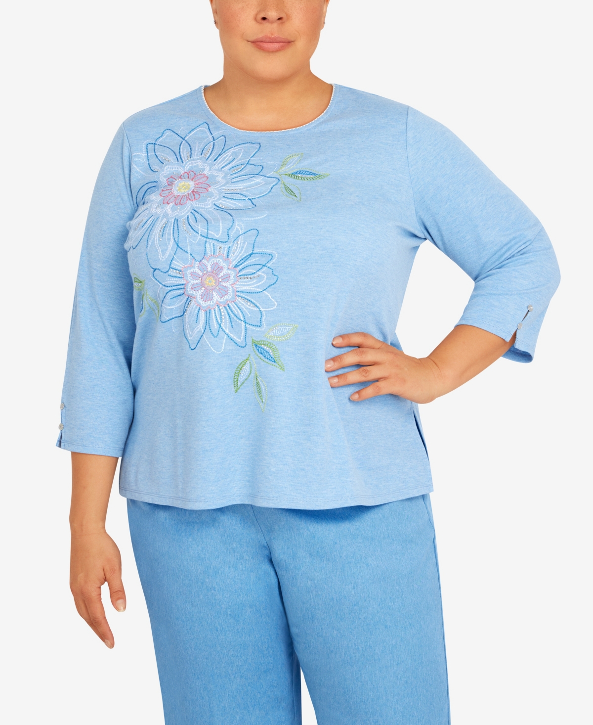 Alfred Dunner Plus Size Peace Of Mind Embroidered Floral Knit Top In Sky Blue