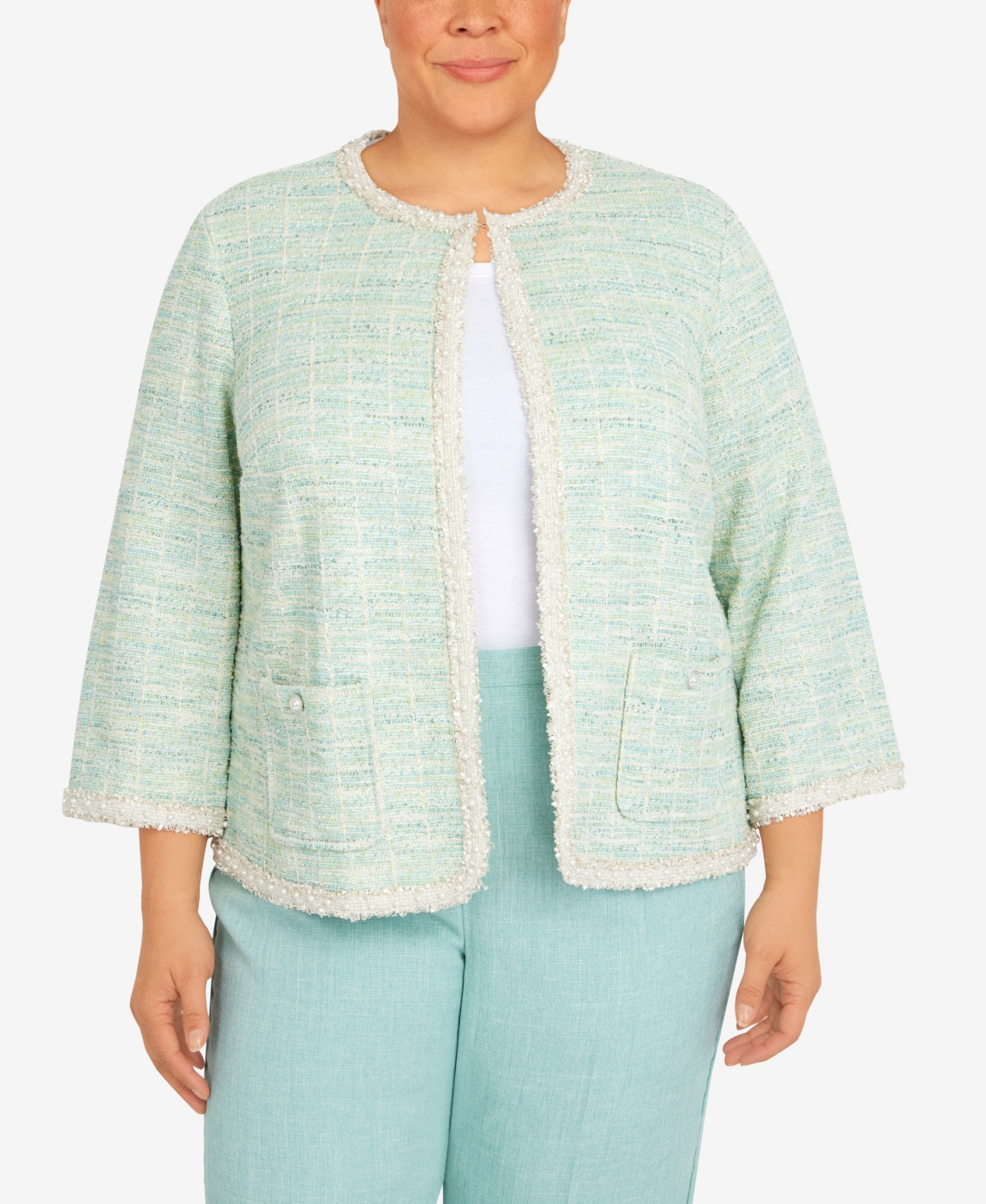 Alfred Dunner Plus Size Lady Like Knit Boucle Jacket With Imitation Pearl Trim In Multi