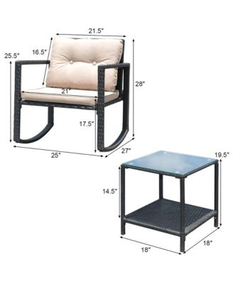 3PC Patio Rattan Conversation Set Rocking Chair Cushioned