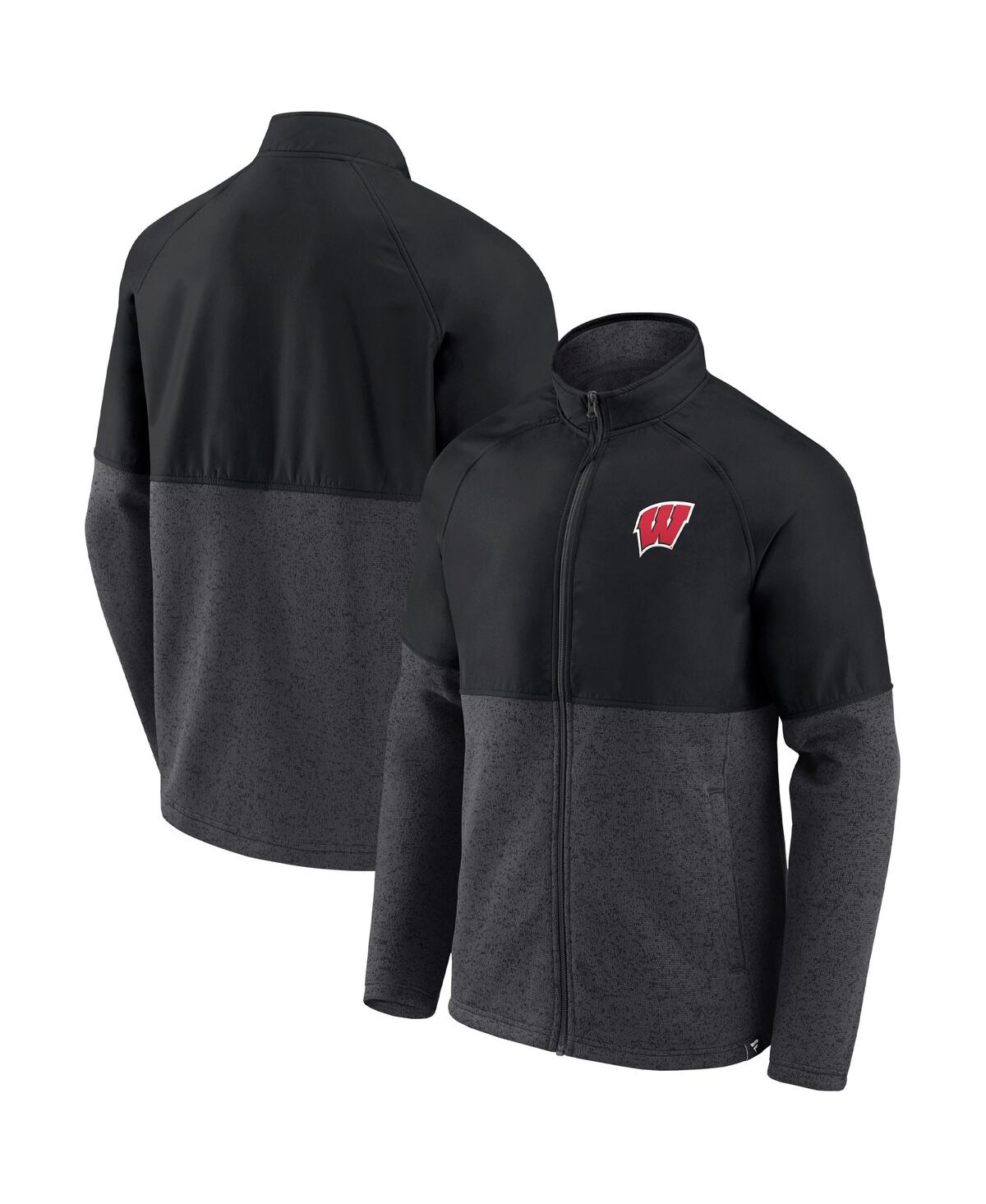 Fanatics Branded Black/heathered Charcoal Wisconsin Badgers Durable Raglan Full-zip Jacket In Black,heathered Charcoal