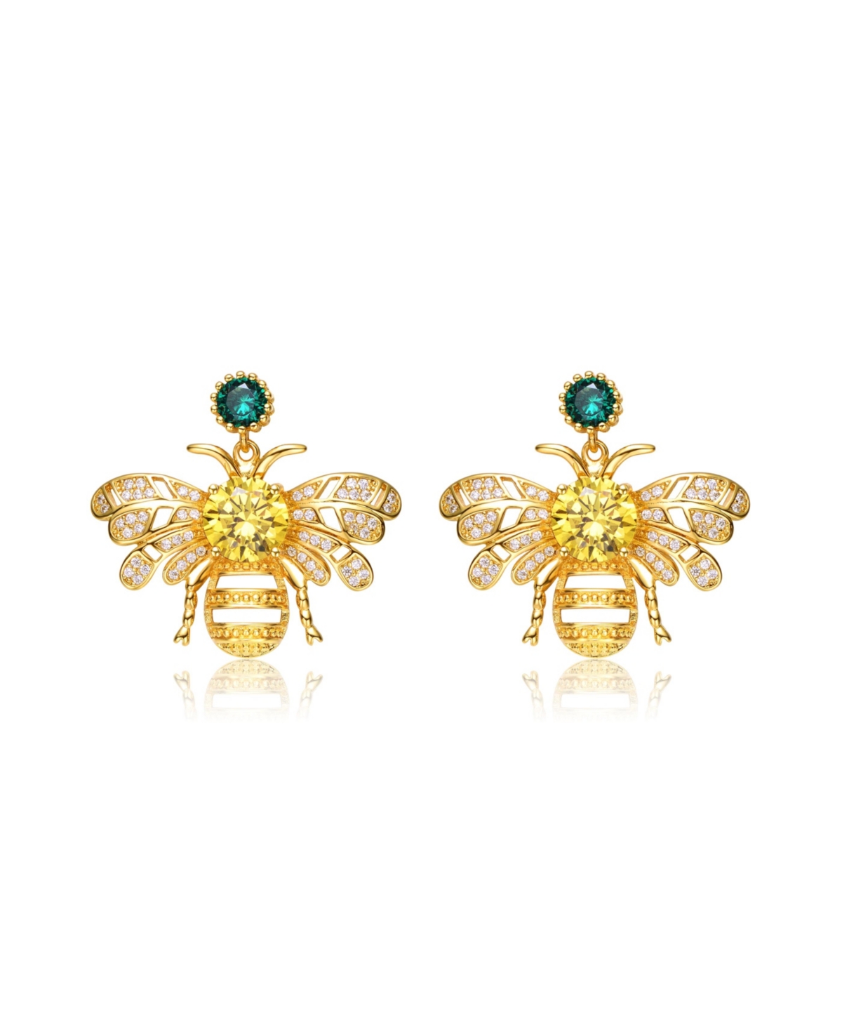 Sterling Silver 14K Gold Plated Yellow Cubic Zirconia Bee Stud Butterfly Earrings - Gold