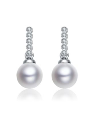 Sterling Silver with White Gold Plated White Round Pearl with Clear Round Cubic Zirconia Drop Earrings