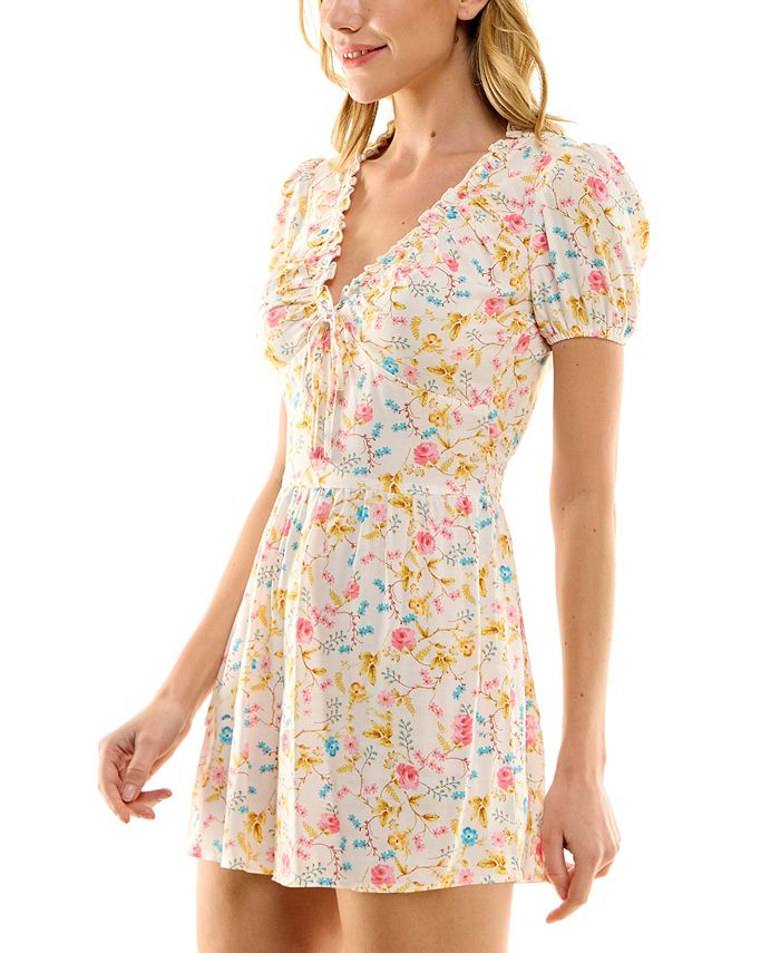 Sun Drops Puff Sleeve Keyhole Back Romper Floral Print Mint