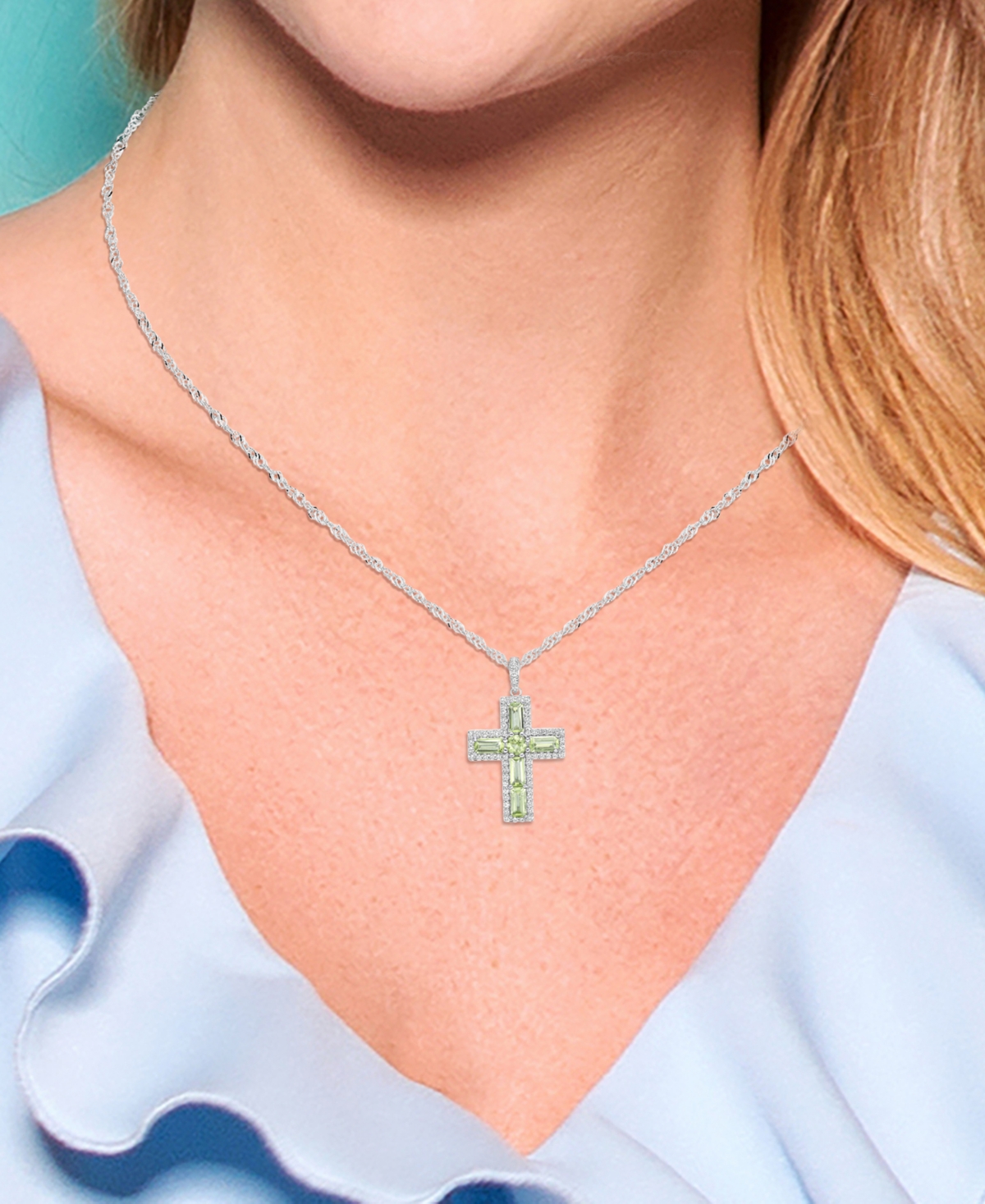 Sterling Silver Halo Birthstone Style Genuineand White Topaz Fancy Cut Cross Pendant Necklace - Peridot