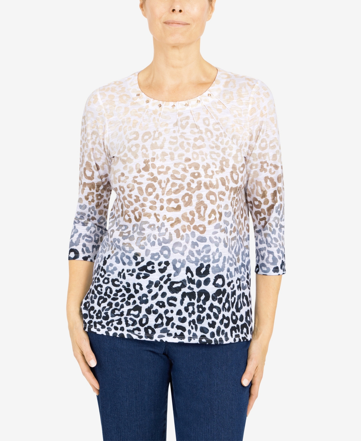 ALFRED DUNNER WOMEN'S CLASSICS ANIMAL OMBRE KNIT 3/4 SLEEVE TOP