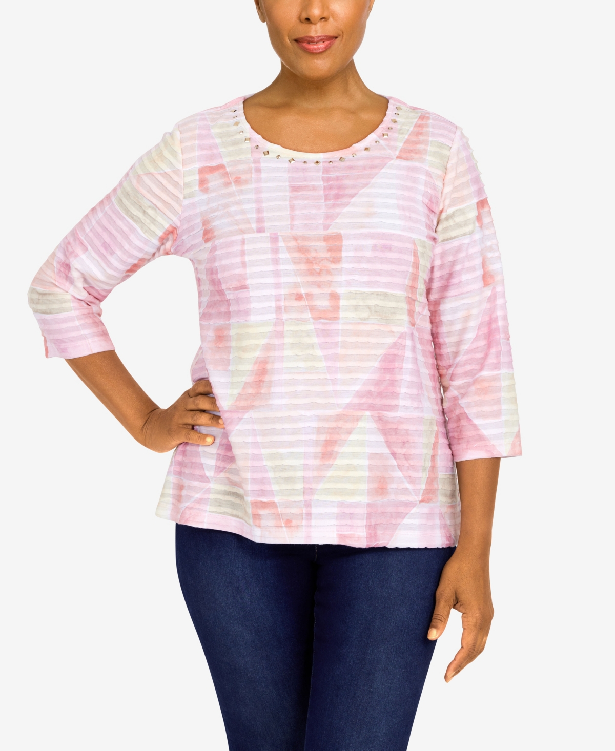 Alfred Dunner Petite Classics Patchwork Ruffle Knit Crew Neck Top In Tearose