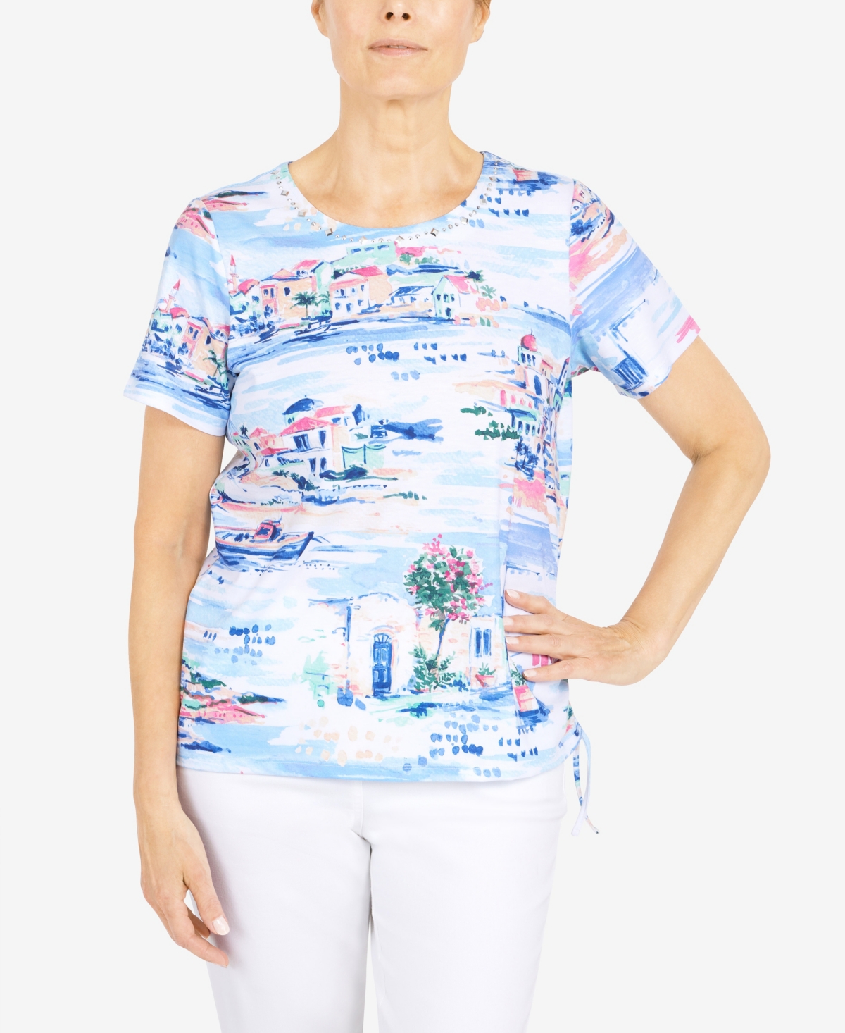 Alfred Dunner Petite Classics Greek Isle Embellished Neck Top In Periwinkle