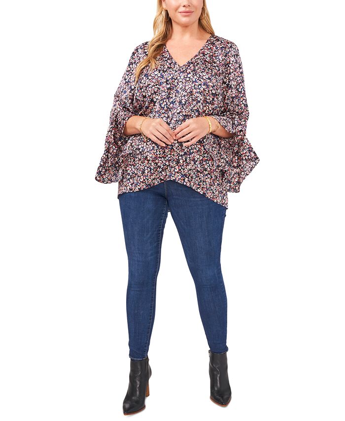 Vince Camuto Women's Flutter Sleeve Crossover Hem Top Blue Size 1X