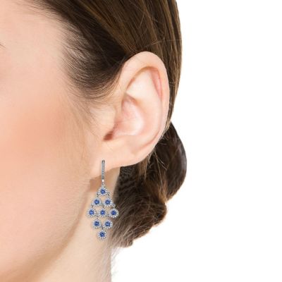 Cubic Zirconia Sterling Silver Rhodium Plated Blue Round Chandelier Earrings