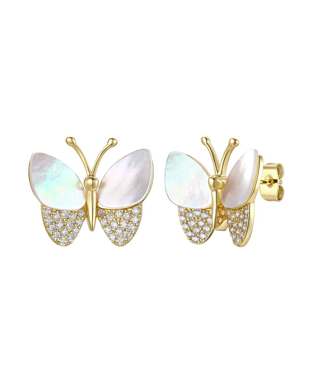 Sterling Silver Large 14k Gold Plated Sterling Silver with Mother of Pearl & Cubic Zirconia Butterfly Stud Earrings - Gold