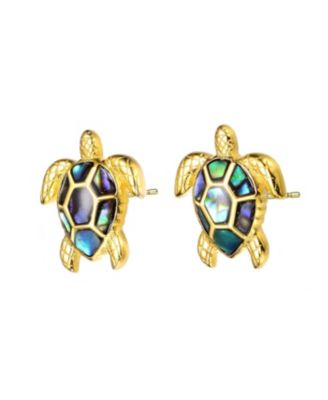 Sterling Silver 14k Gold Plated with Shimmering Abalone Shell Inlay Sea Turtle Stud Earrings