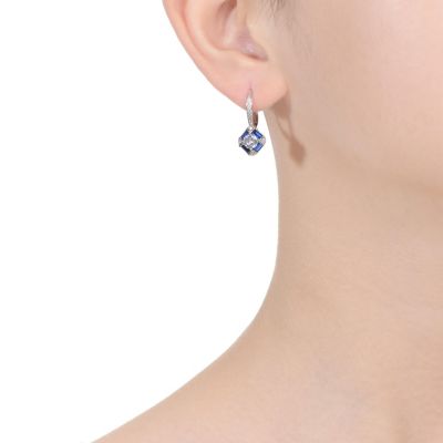 Sterling Silver White Gold Plated and Blue Cubic Zirconia Leverback Earrings