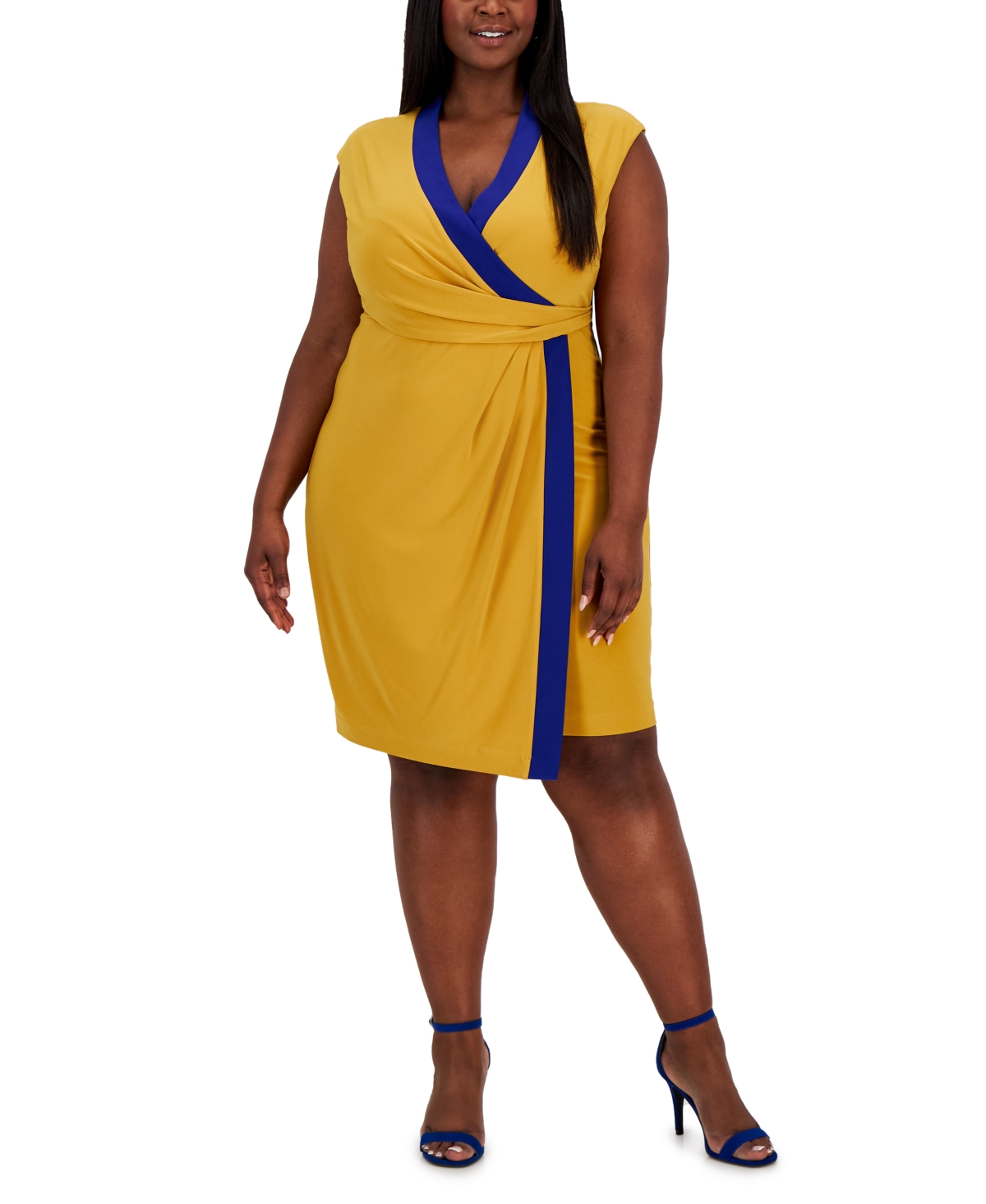 Kasper Plus Size Colorblocked Faux-Wrap Cap-Sleeve Dress