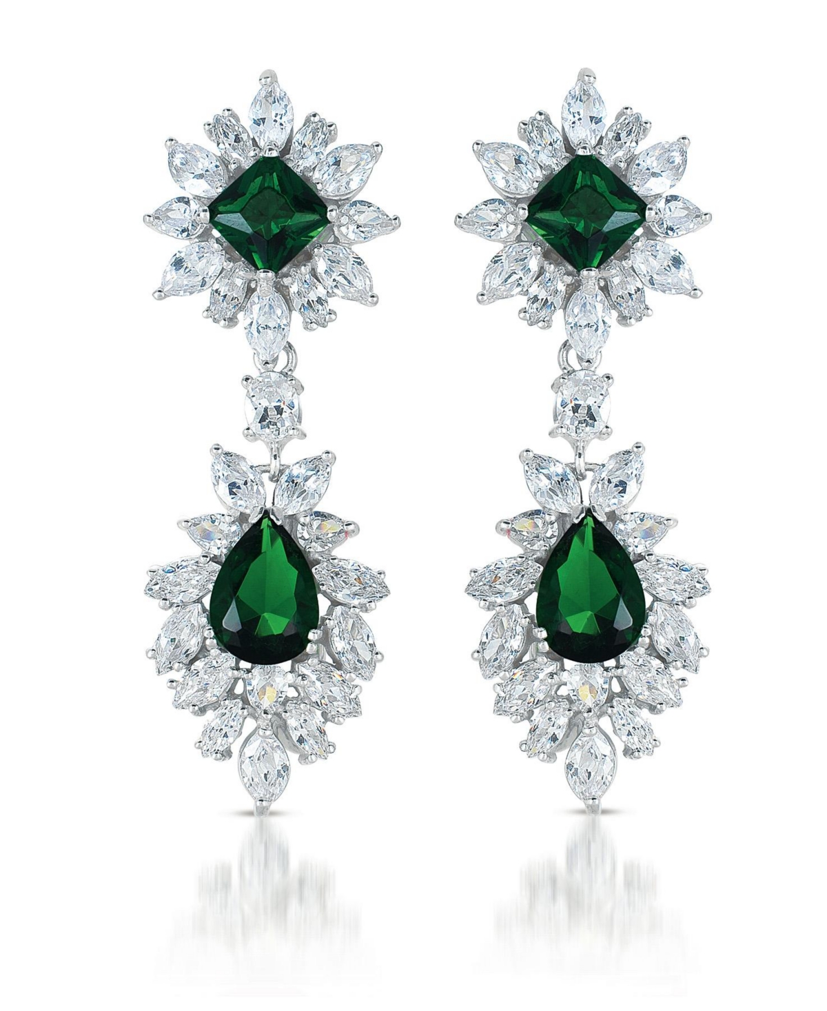 Sterling Silver Two Stone Cubic Zirconia Dangling Earrings - Blue