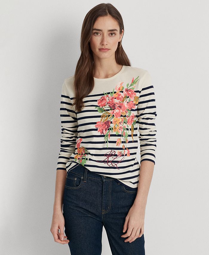Lauren Ralph Lauren Women's Floral & Striped Jersey Long-Sleeve T-Shirt -  Macy's