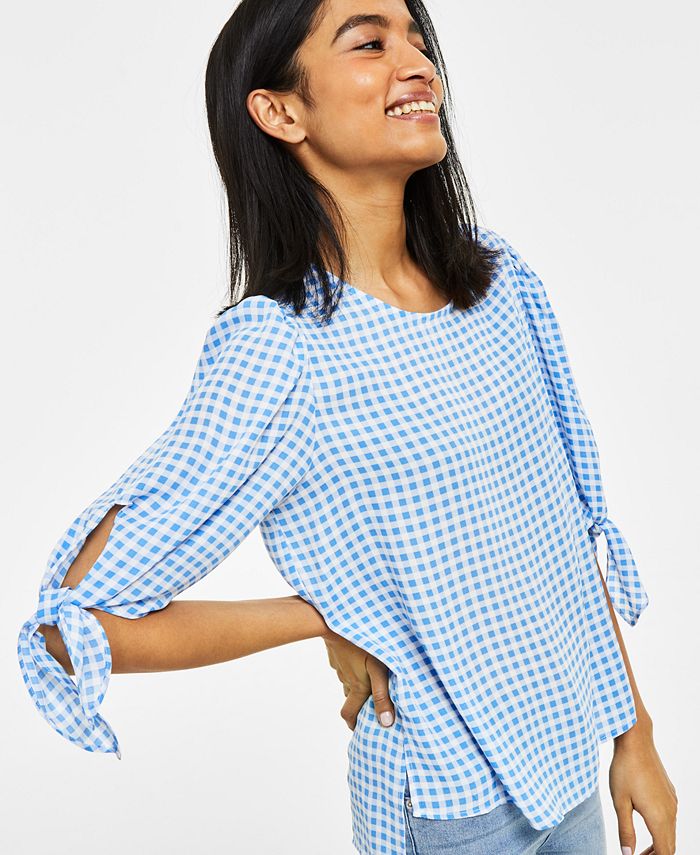 CeCe Women's Gingham Tie Elbow Sleeve Crew Neck Blouse Macy's