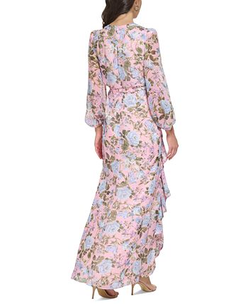 Eliza J Women's Floral-Print Chiffon Cascade Maxi Dress - Macy's