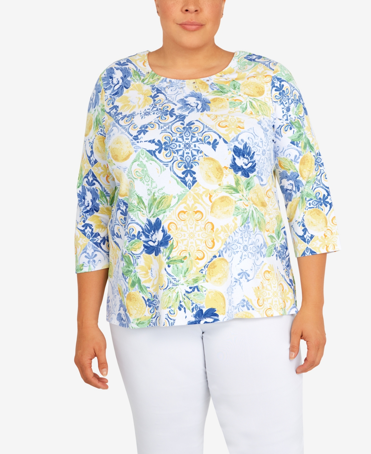 Alfred Dunner Plus Size Classic Lemon Tile 3/4 Sleeve Top In Navy