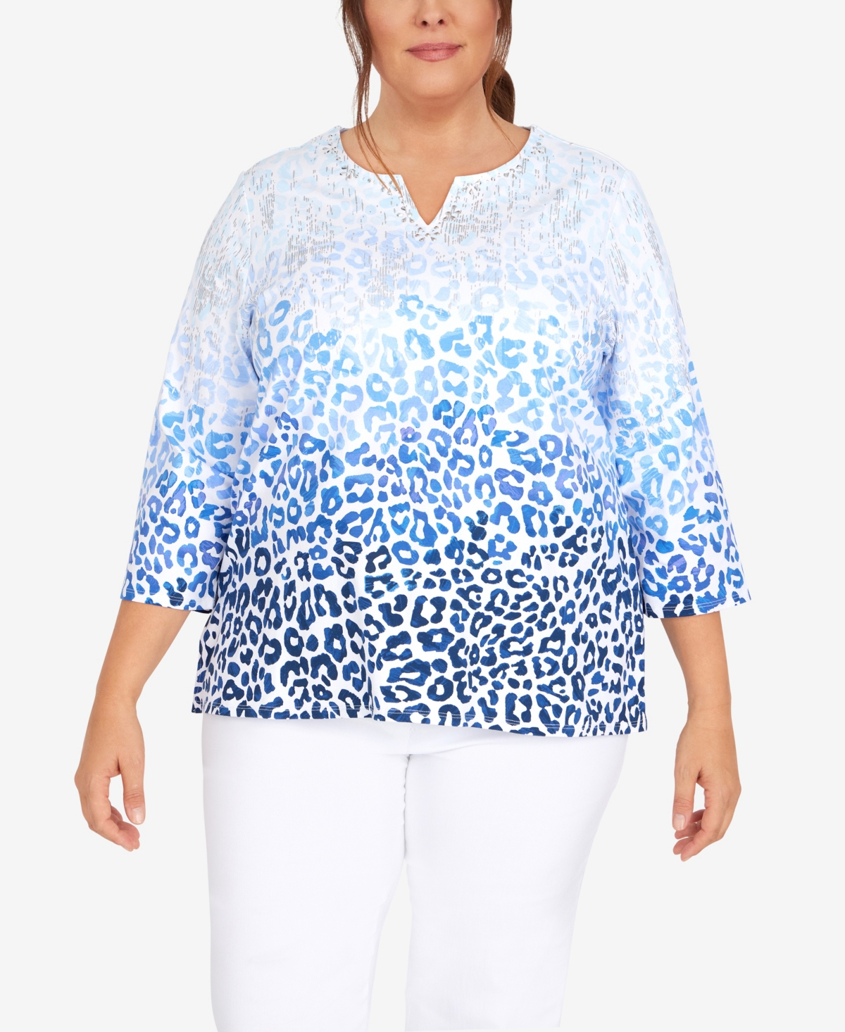 ALFRED DUNNER PLUS SIZE CLASSIC SPLIT NECK ANIMAL OMBRE 3/4 SLEEVE TOP