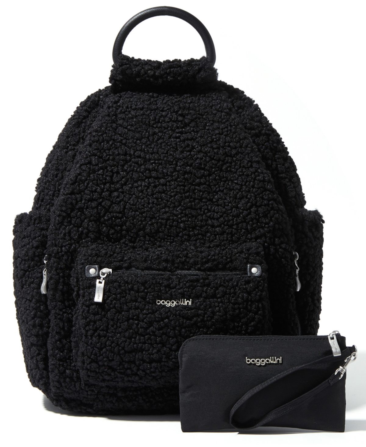 Baggallini All Day Adjustable Strap Small Backpack And Rfid Phone Wristlet In Black Faux Shearling